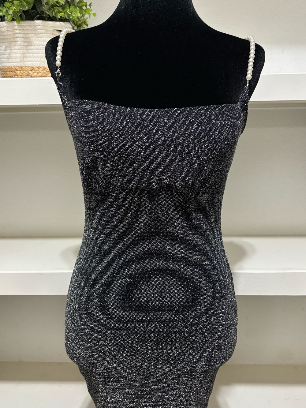 Sparkle Pearl-Strap Mini Dress in Black